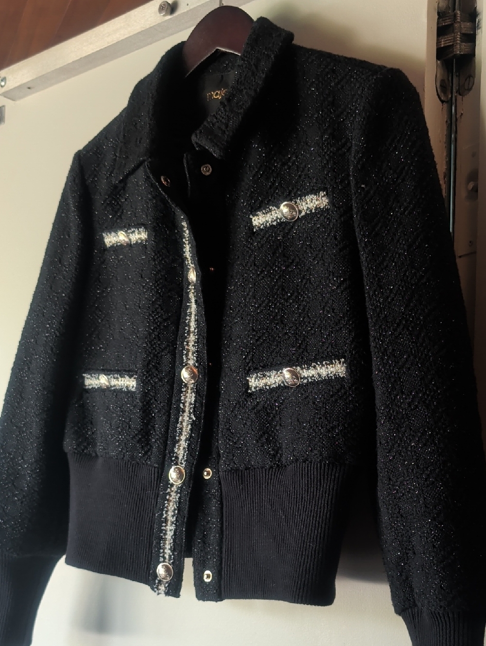 Maje Black Tweed Bomber Jacket with Silver Trim Buttons